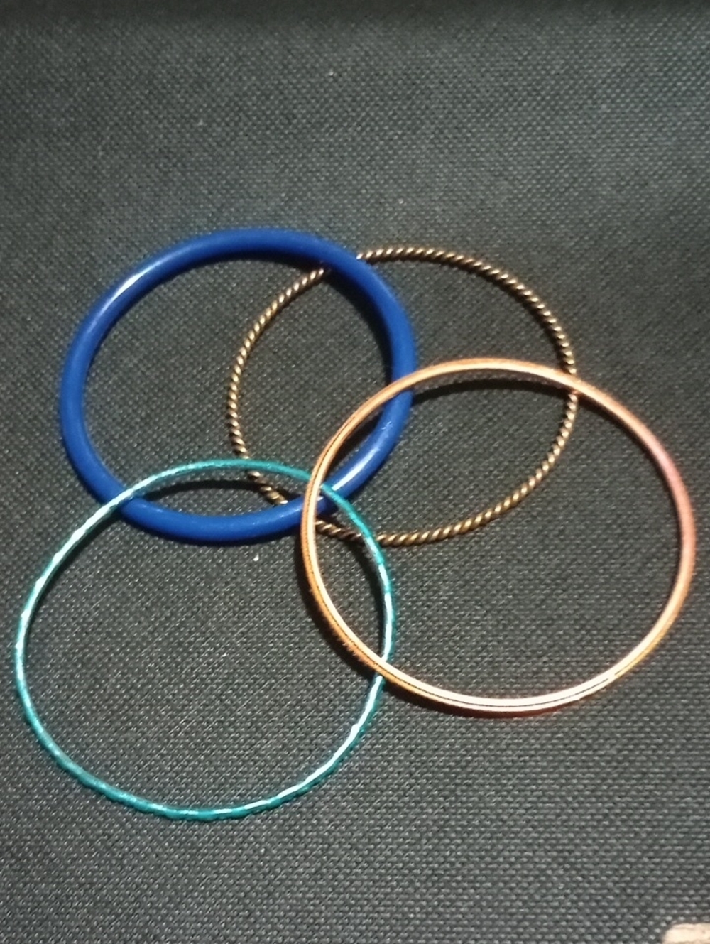 Set of Four Women's Stackable Bangle Bracelets in Blue, Teal, Copper and Bronze